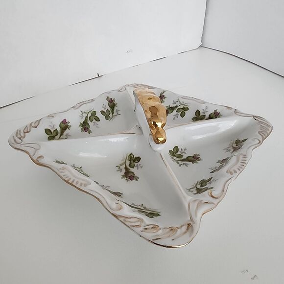 Norcrest Vintage Nut Candy Dish Rose Buds Gold Accents Handle 4 Sections - Picture 2 of 12